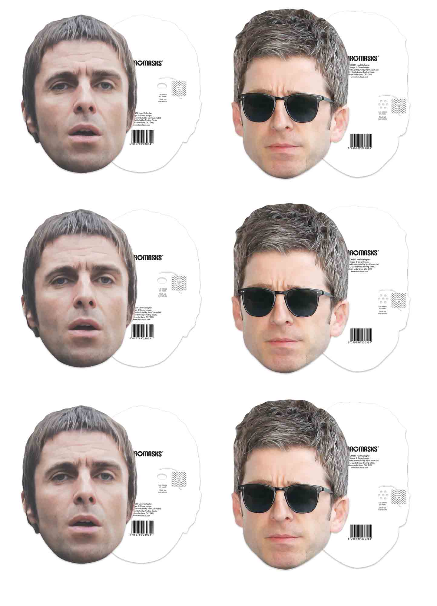 CMP006 Liam and Noel Gallagher Masks Six Pack Cardboard Face Masks With Tabs and Elastic - mycardboardcutout