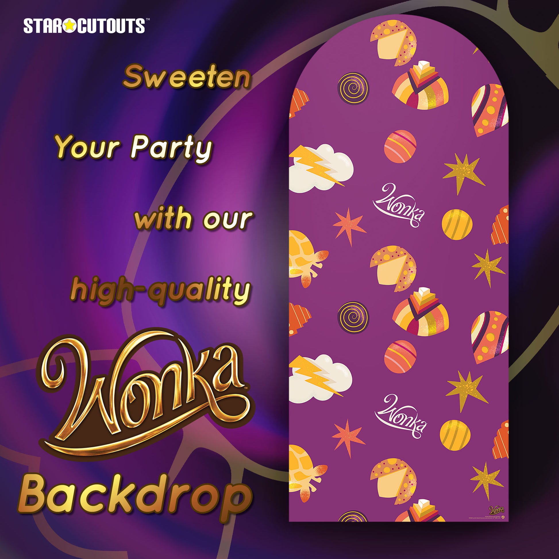 SC4493 Wonka Purple Sweets & Stars Backdrop Single Cardboard Cut Out Height 185cm - mycardboardcutout