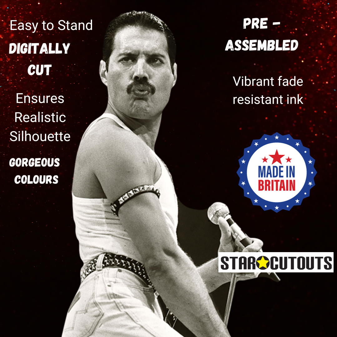 Freddie Mercury Cardboard Cutouts July 1985 Black and White Performing at Live Aid - mycardboardcutout
