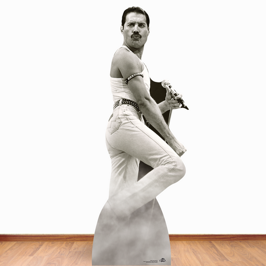 Freddie Mercury Cardboard Cutouts July 1985 Black and White Performing at Live Aid - mycardboardcutout