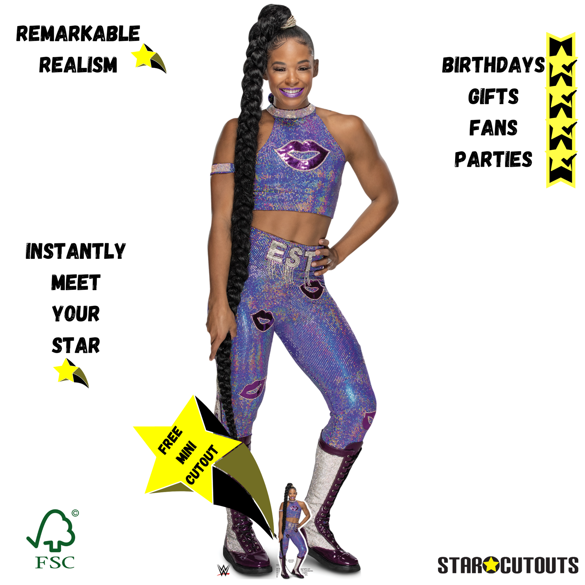SC4266 Bianca Belair Purple Outfit WWE Lifesize Cardboard Cut Out With Mini Wrestler - mycardboardcutout