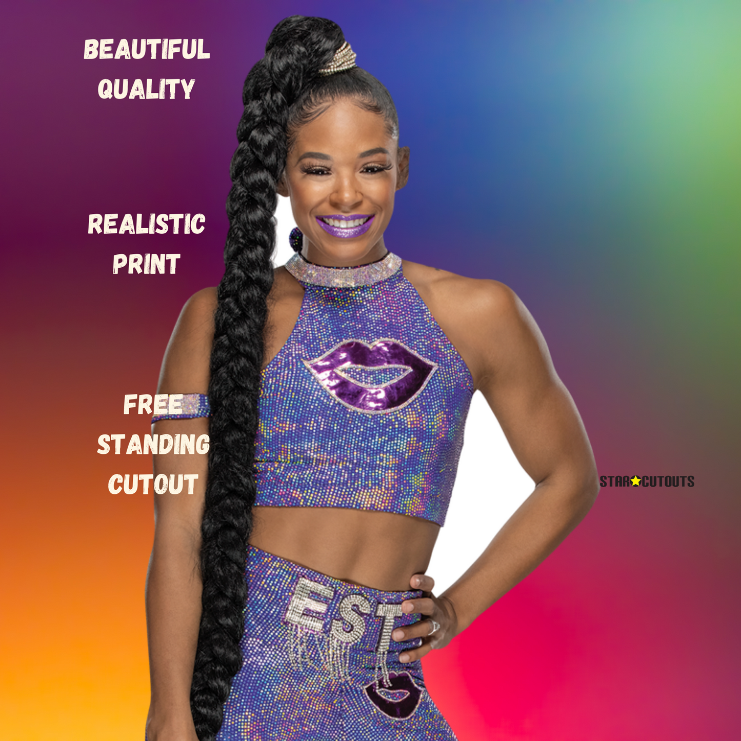 SC4266 Bianca Belair Purple Outfit WWE Lifesize Cardboard Cut Out With Mini Wrestler - mycardboardcutout