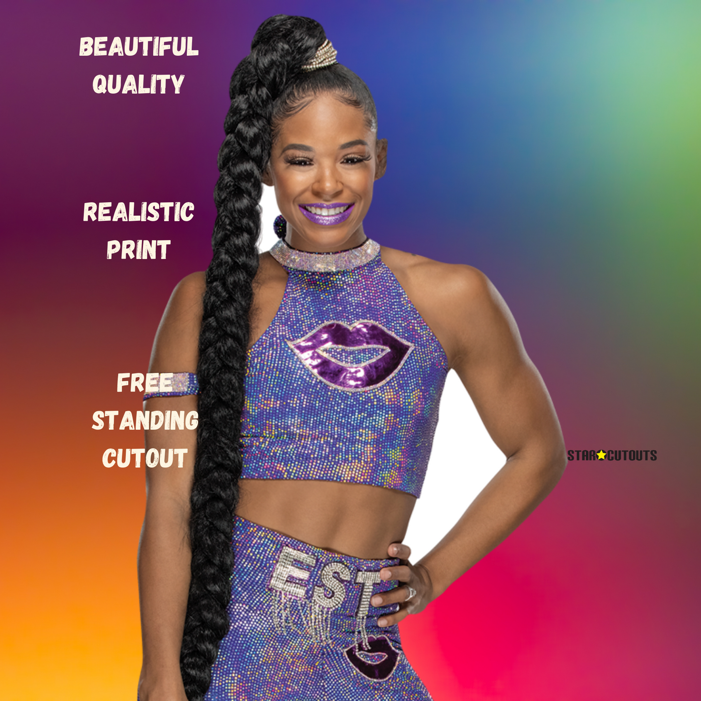 SC4266 Bianca Belair Purple Outfit WWE Lifesize Cardboard Cut Out With Mini Wrestler