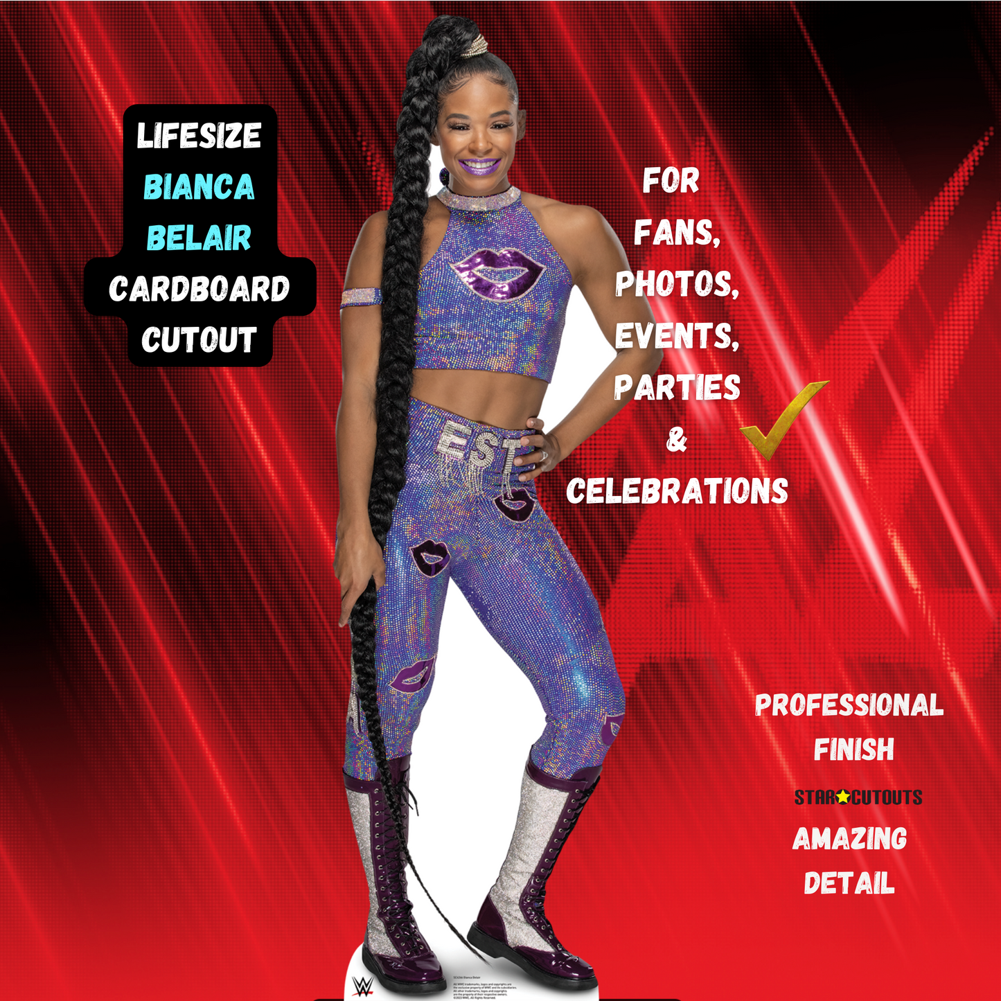 SC4266 Bianca Belair Purple Outfit WWE Lifesize Cardboard Cut Out With Mini Wrestler - mycardboardcutout