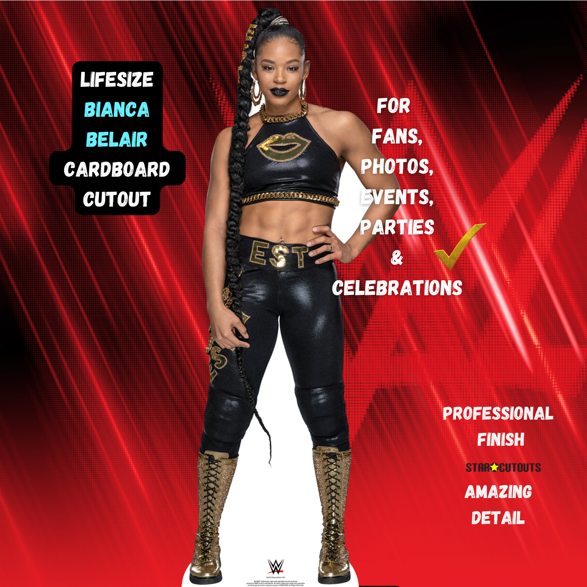 SC4313 Bianca Belair Black Outfit EST WWE Lifesize Cardboard Cut Out With Mini Wrestler - mycardboardcutout