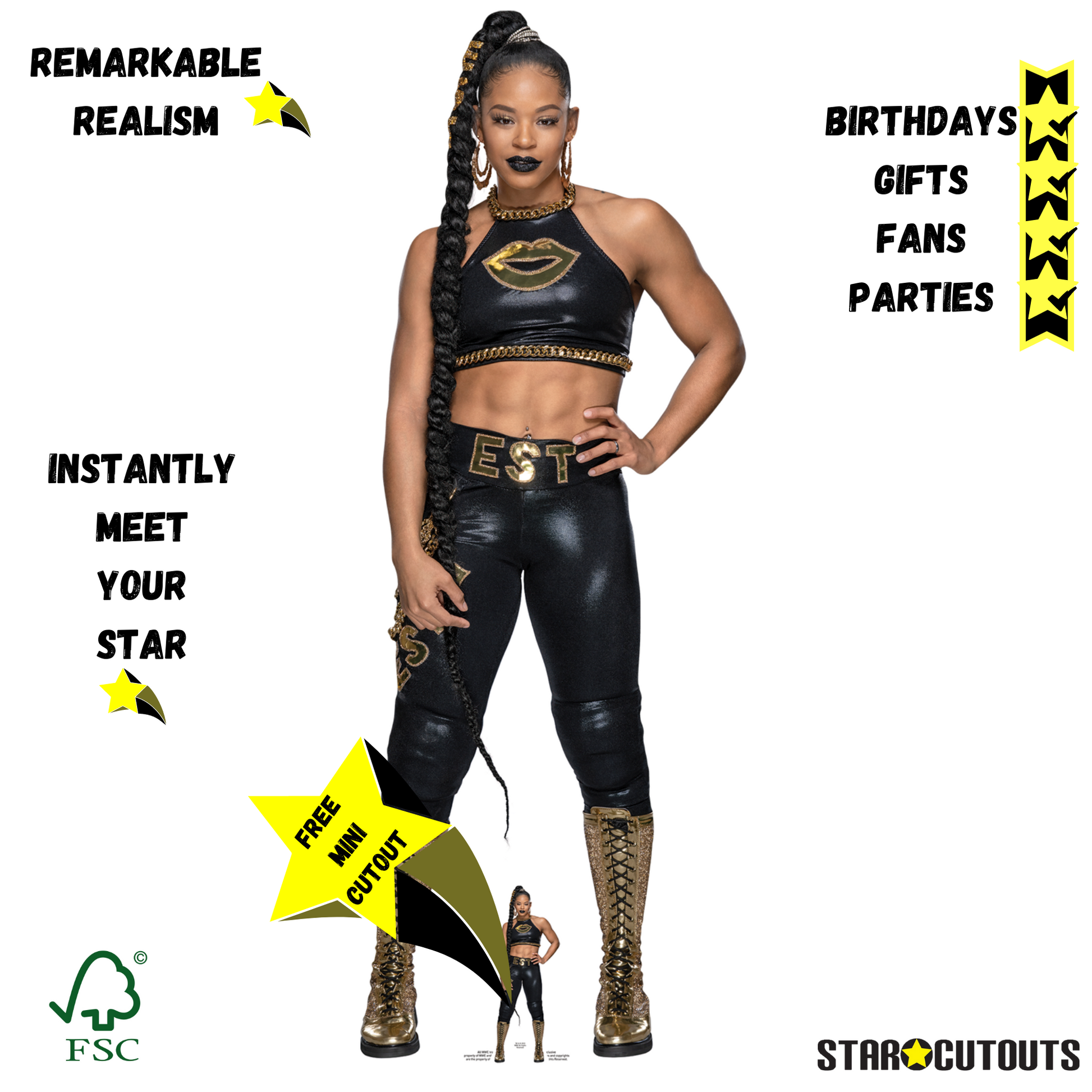 SC4313 Bianca Belair Black Outfit EST WWE Lifesize Cardboard Cut Out With Mini Wrestler - mycardboardcutout