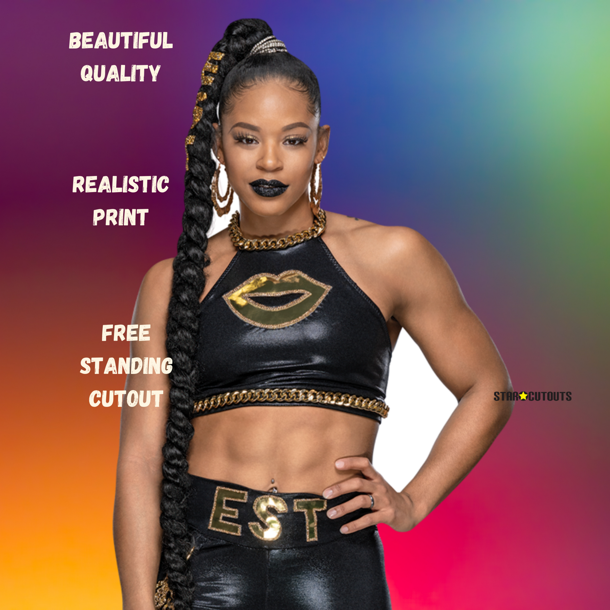 SC4313 Bianca Belair Black Outfit EST WWE Lifesize Cardboard Cut Out With Mini Wrestler - mycardboardcutout