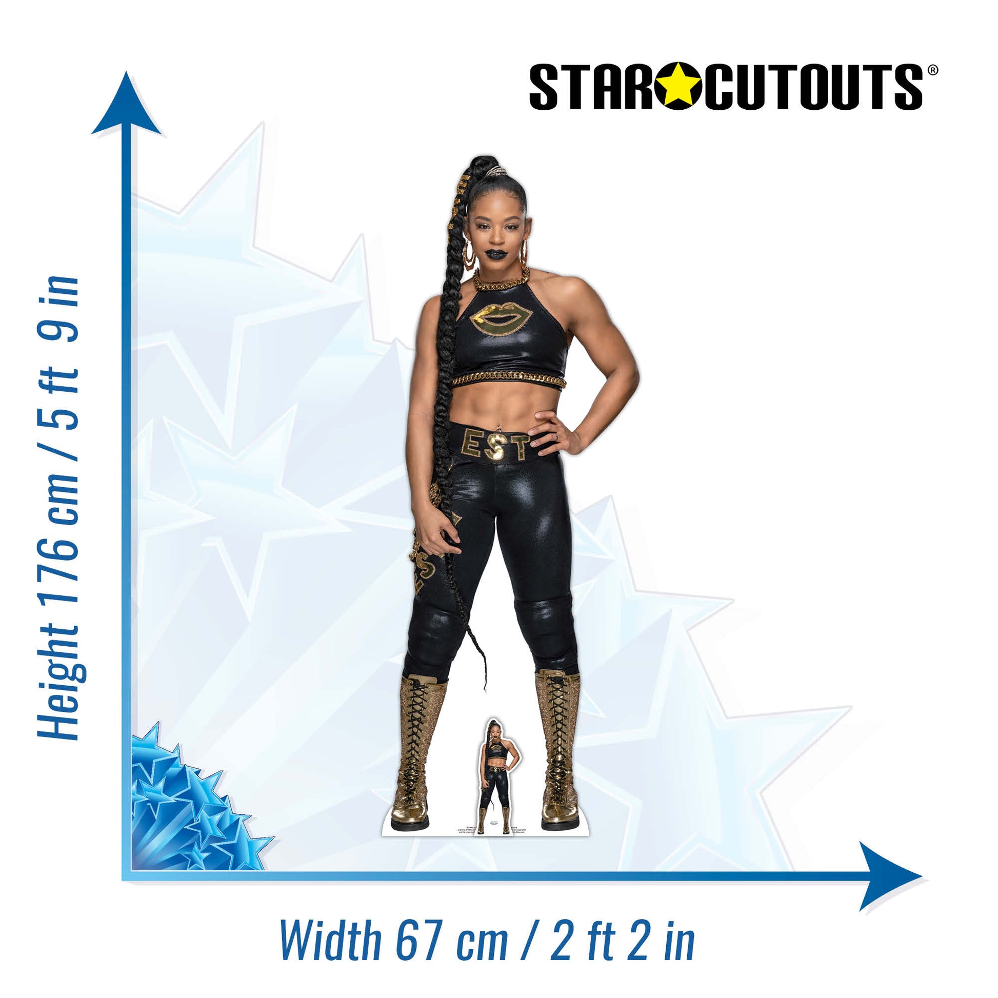 SC4313 Bianca Belair Black Outfit EST WWE Lifesize Cardboard Cut Out With Mini Wrestler - mycardboardcutout