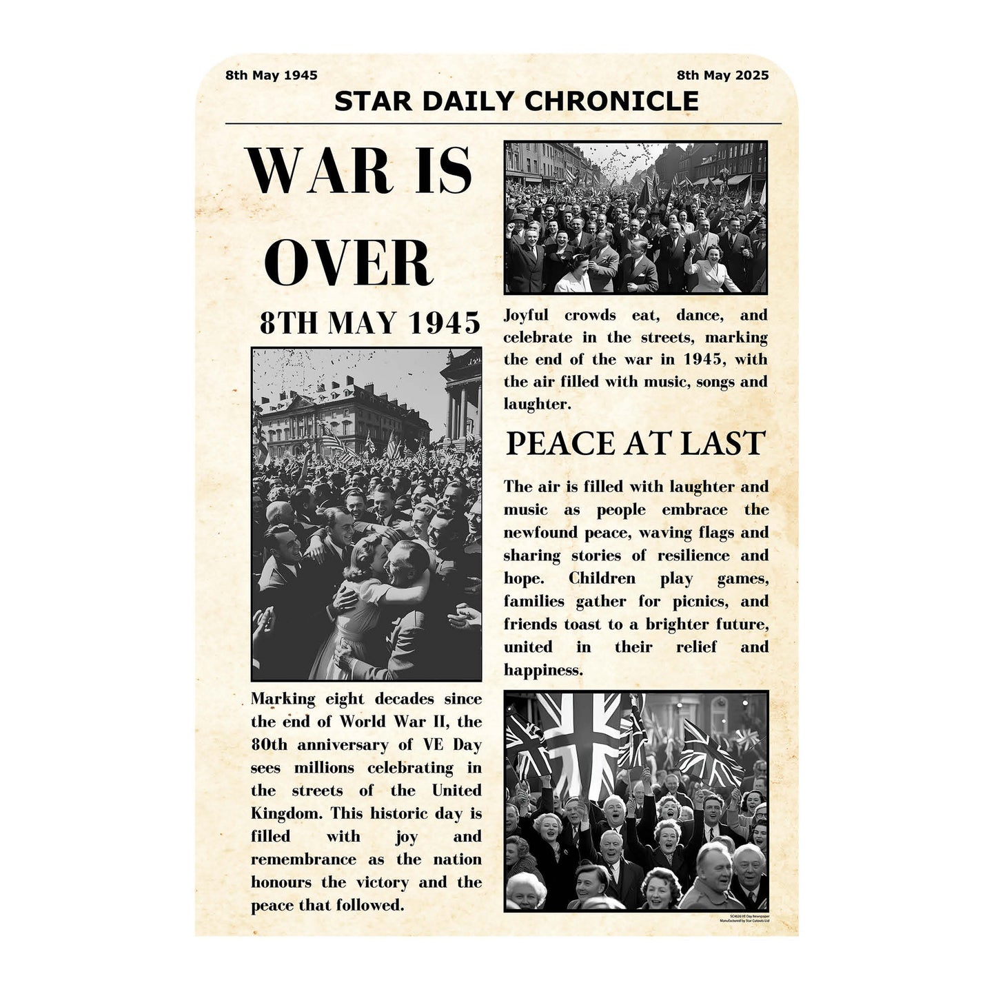 SC4626 War Is Over Newspaper Small Vintage Backdrop Single Cardboard Cut Out Height 134cm