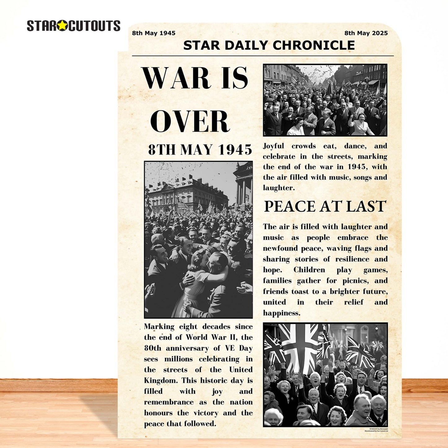 SC4626 War Is Over Newspaper Small Vintage Backdrop Single Cardboard Cut Out Height 134cm