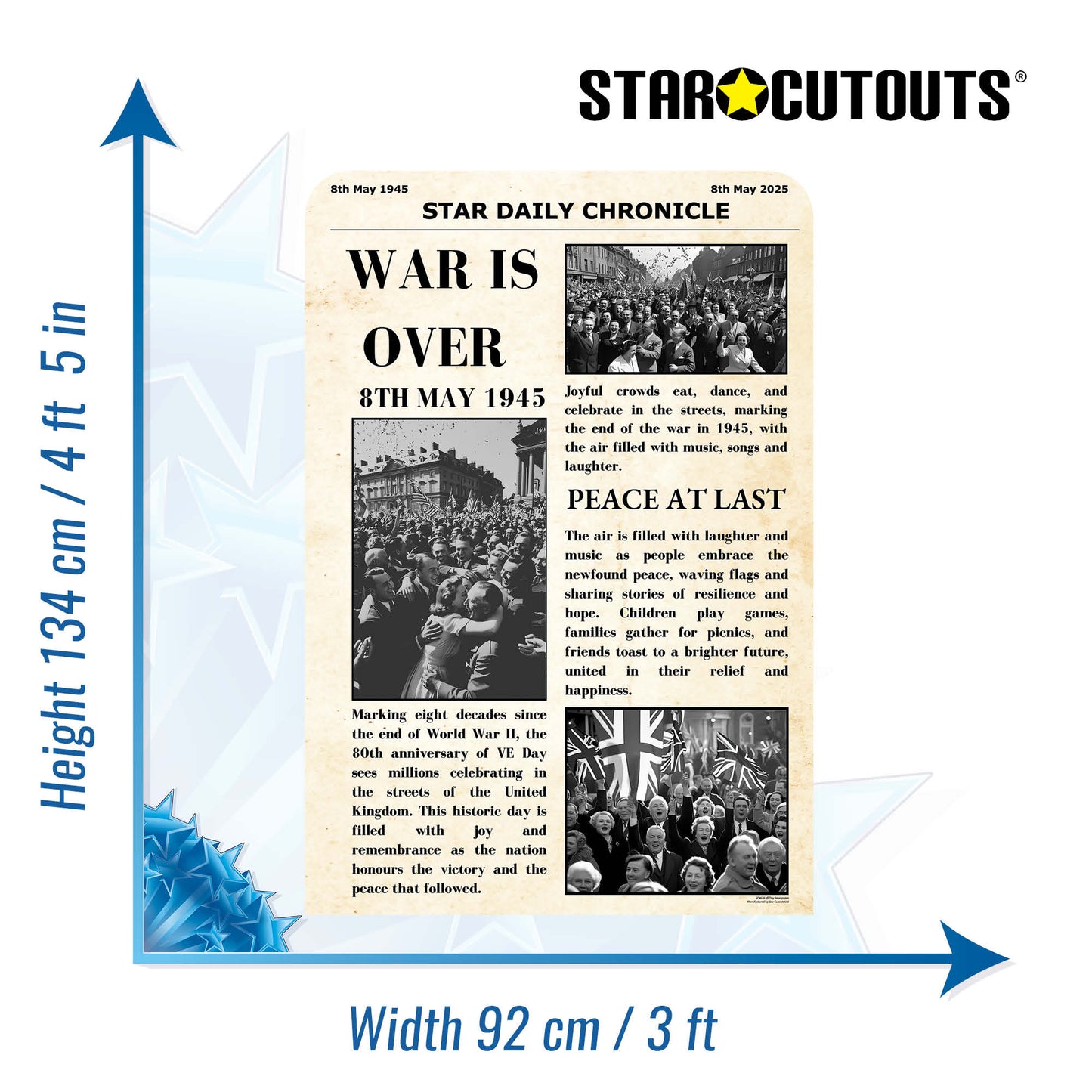 SC4626 War Is Over Newspaper Small Vintage Backdrop Single Cardboard Cut Out Height 134cm