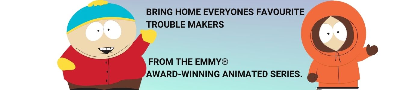 Two animated characters from 'South Park' with text promoting the show.