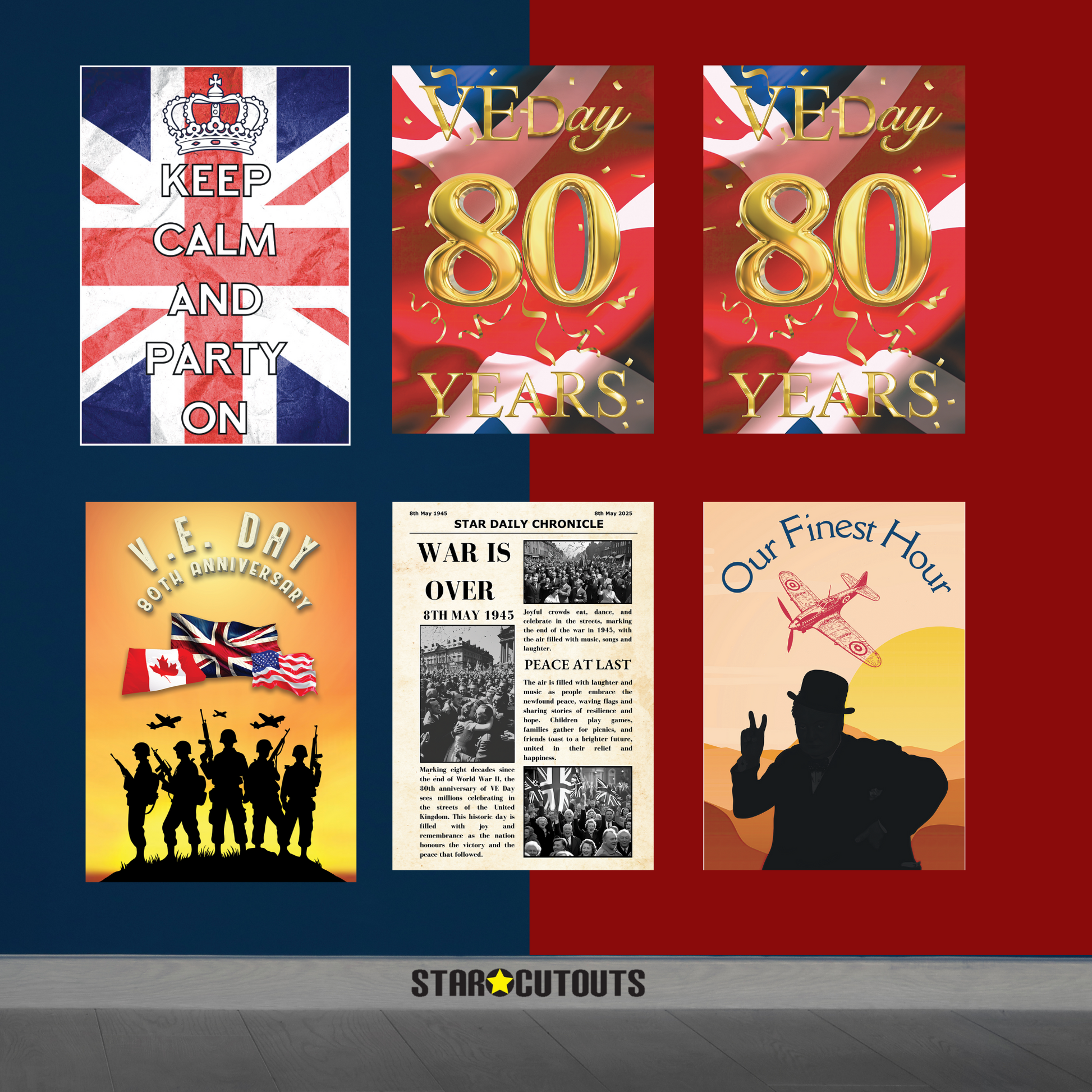 RD080 VE Day 80 Year Celebration Posters – Mixed 6 Pack Cardboard Cut Out Height 44cm
