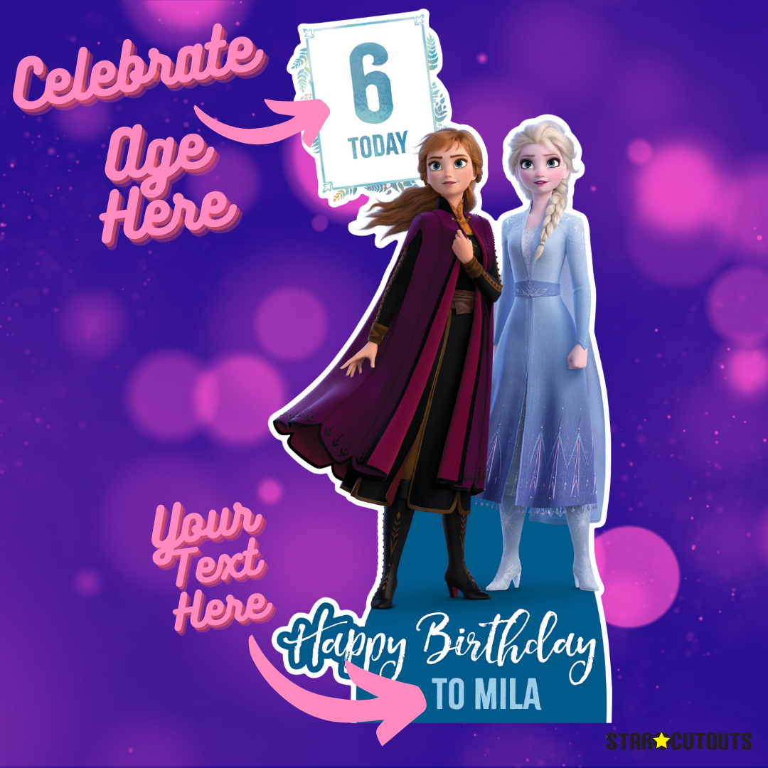 Disney Personalised Frozen -  Anna and Elsa - Happy Birthday - Text Only - Age - Name