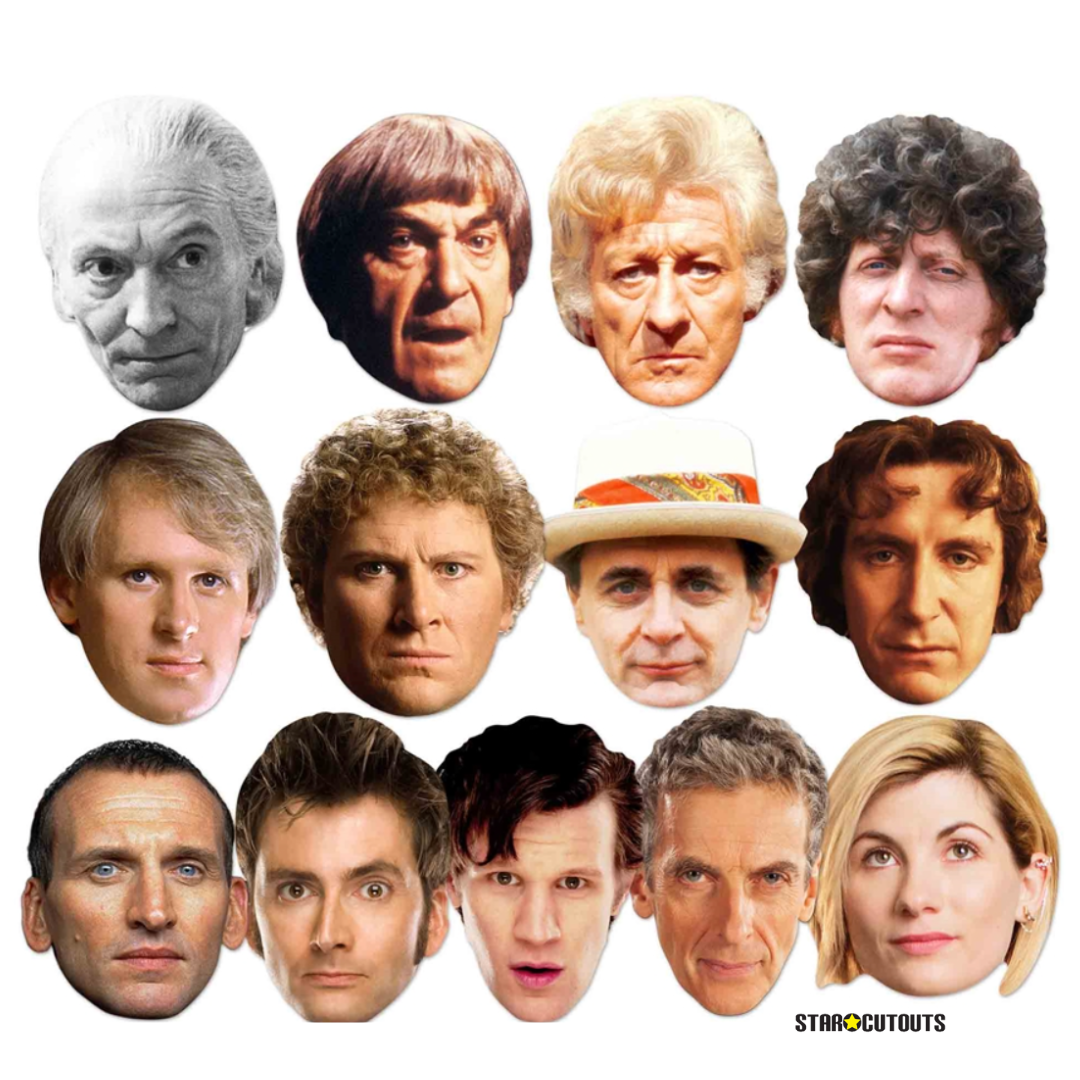 BBC Doctor Who Complete Series All Doctors 13 Mask Pack Includes 1st, 2nd, 3rd, 4th, 5th, 6th, 7th, 8th, 9th, 10, 11th, 12th, 13th Doctor Who - mycardboardcutout