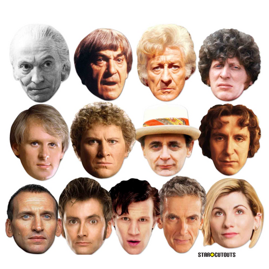 BBC Doctor Who Complete Series All Doctors 13 Mask Pack Includes 1st, 2nd, 3rd, 4th, 5th, 6th, 7th, 8th, 9th, 10, 11th, 12th, 13th Doctor Who - mycardboardcutout