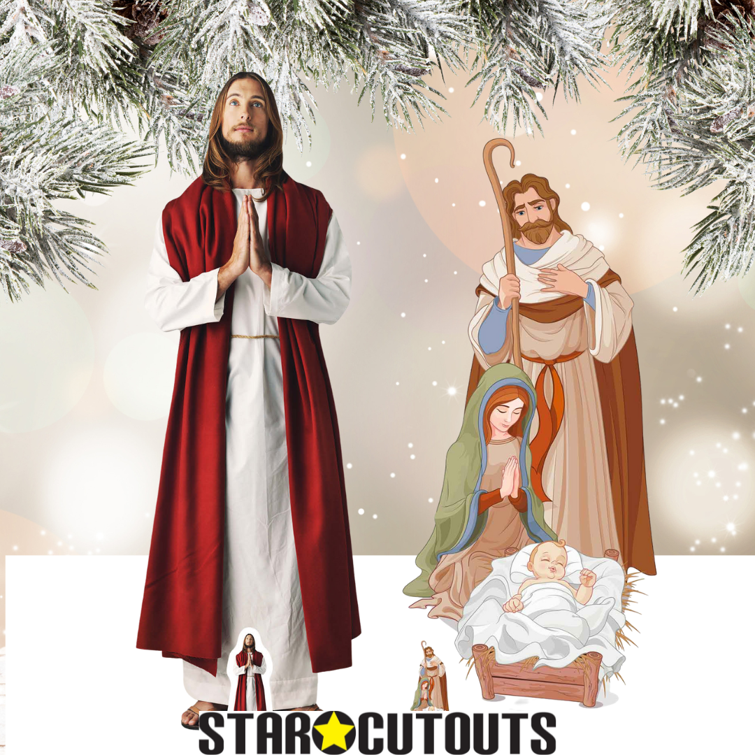 Nativity Family with Star Stand In Chrismas Theme Green and Red Cardboard Cutout - mycardboardcutout