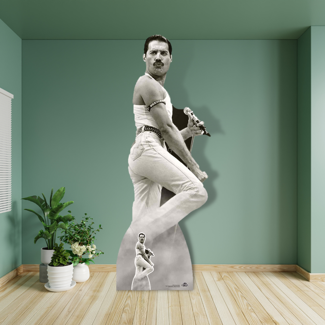 Freddie Mercury Cardboard Cutouts July 1985 Black and White Performing at Live Aid - mycardboardcutout