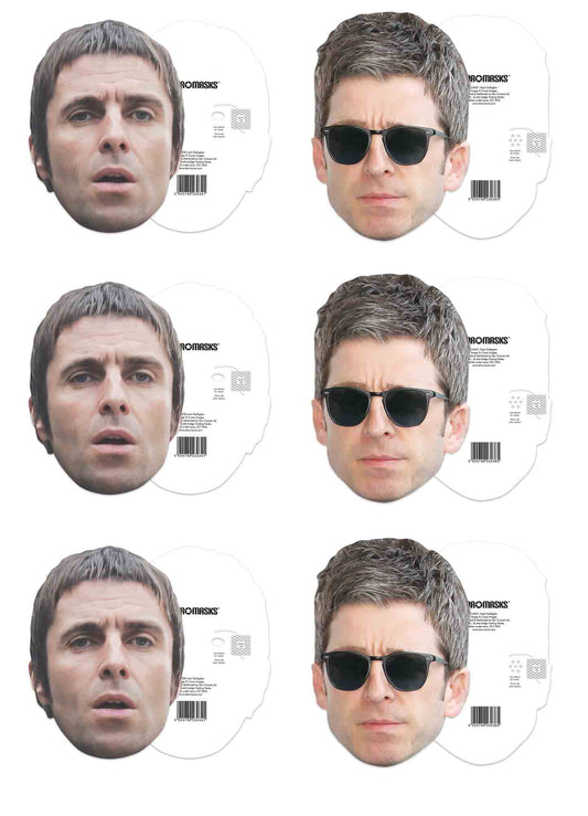 CMP006 Liam and Noel Gallagher Masks  Six Pack Cardboard Face Masks With Tabs and Elastic