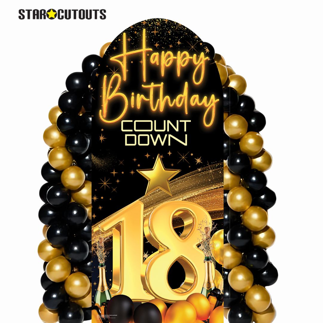 SC4617 Happy Birthday Black Gold Countdown 18 Backdrop Sailboard Cardboard Cut Out Height 185cm