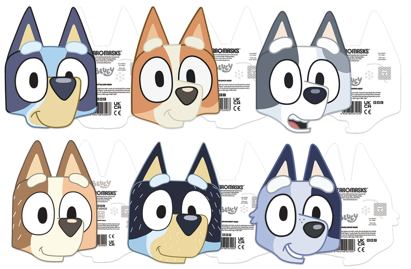 SMP502 Six Pack Masks Bluey Family - Bluey, Chilli, Bandit, Muffin, Bingo and Socks