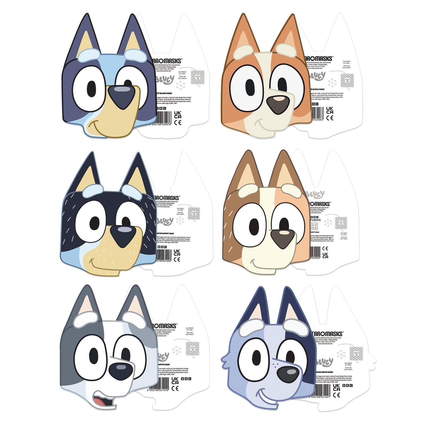 SMP502 Six Pack Masks Bluey Family - Bluey, Chilli, Bandit, Muffin, Bingo and Socks