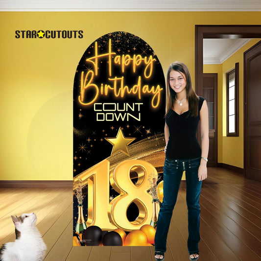 SC4617 Happy Birthday Black Gold Countdown 18 Backdrop Sailboard Cardboard Cut Out Height 185cm
