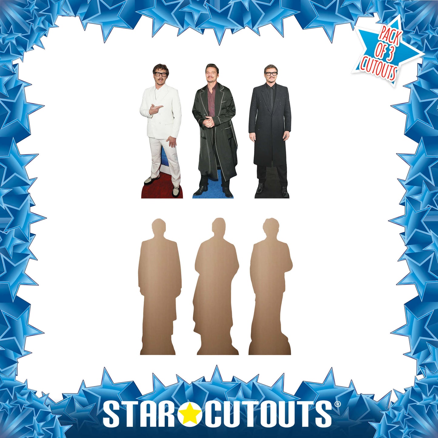 CS1194 Pedro Pascal Three Pack Shelf Top Cutout  Cardboard Cut Out Height 32cm