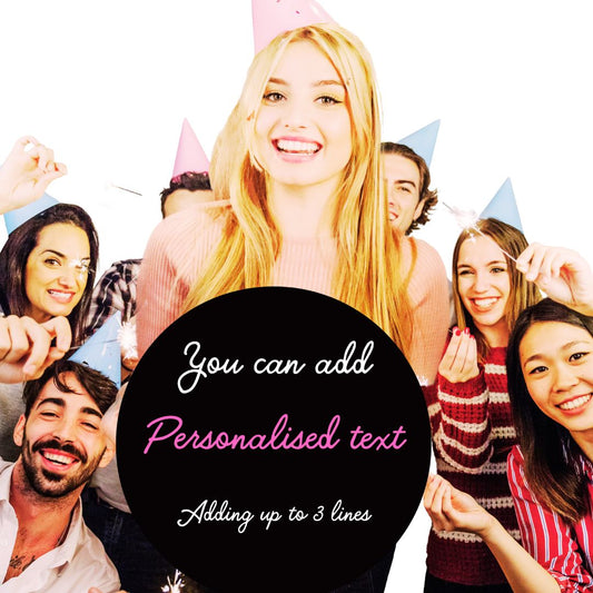 Group of people wearing party hats with a text overlay for personalization.