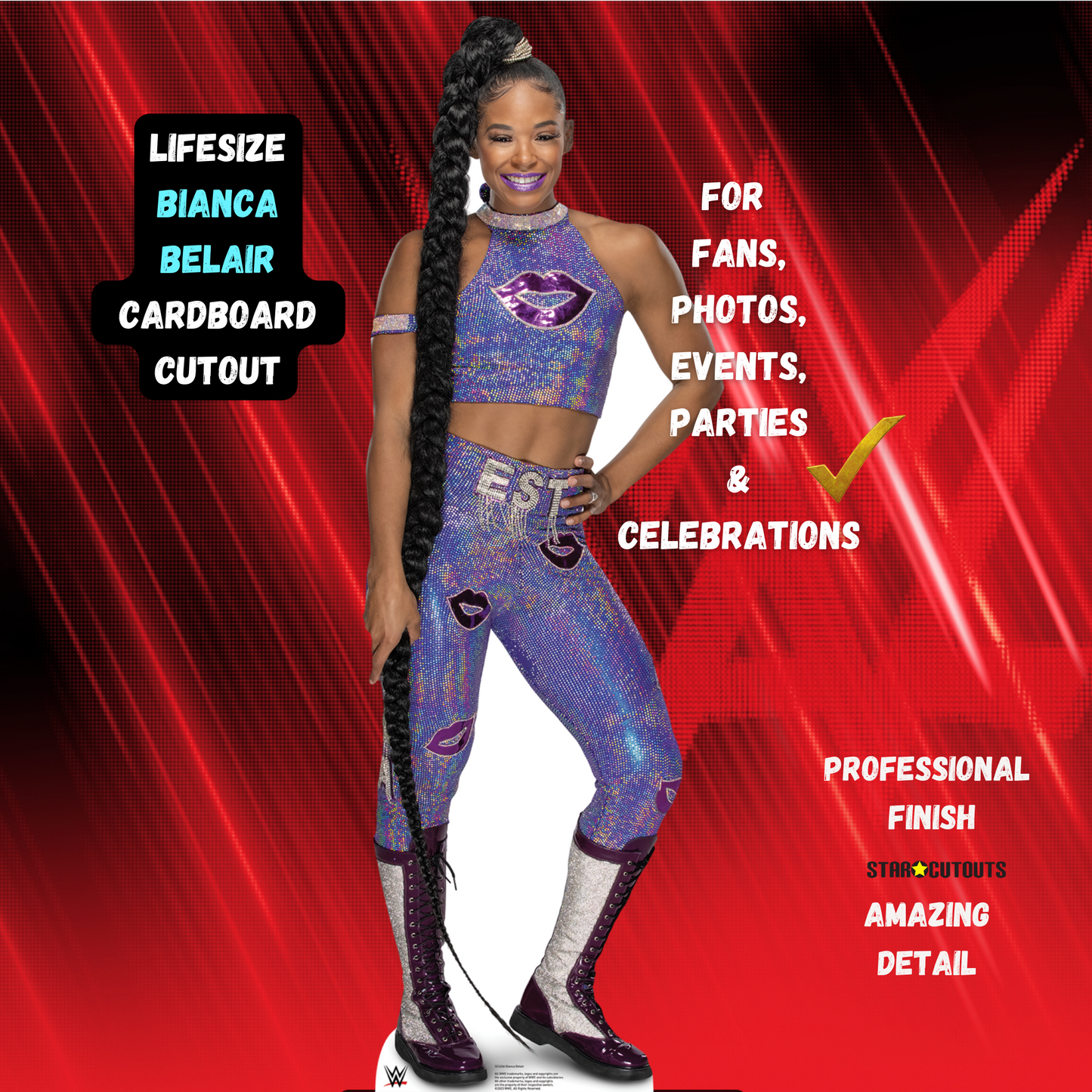 SC4266 Bianca Belair Purple Outfit WWE Lifesize Cardboard Cut Out With Mini Wrestler