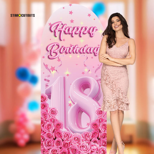 SC4618 Happy Birthday Pink  Gold Stars Roses Backdrop Sailboard Cardboard Cut Out Height 185cm