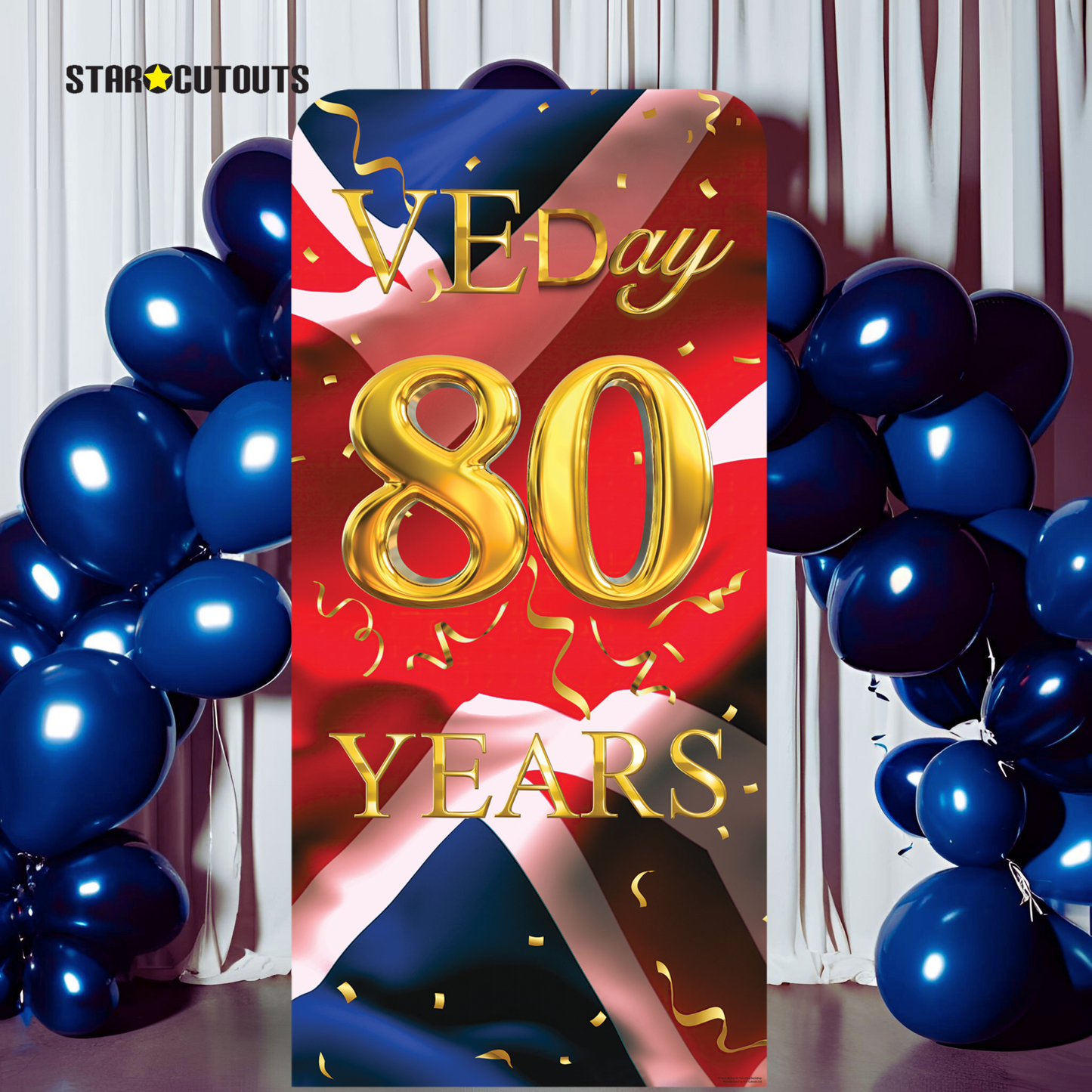 SC4623 VE Day Gold 80 Years Union Jack Flag Backdrop Single Cardboard Cut Out Height 191cm