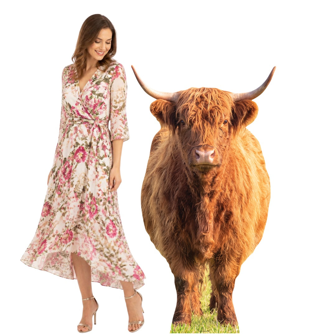 SC5028 Tall Highland Cow in Meadow Cardboard Cutout Height 168cm