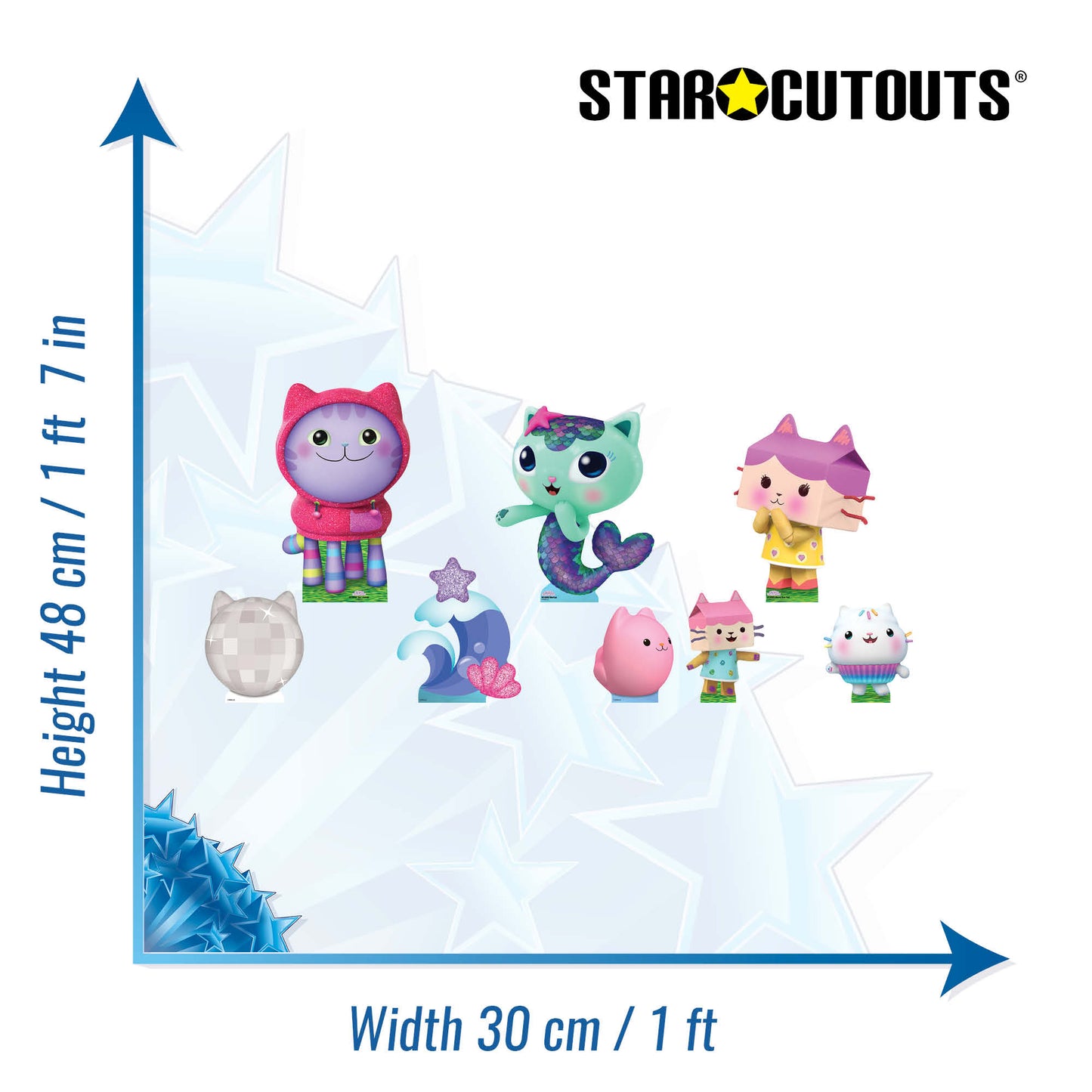 SC4565 DJ Catnip, Baby Box, MerCat Cardboard Cutout Decoration Multi Pack - Gabbys Dolhouse Height 48cm