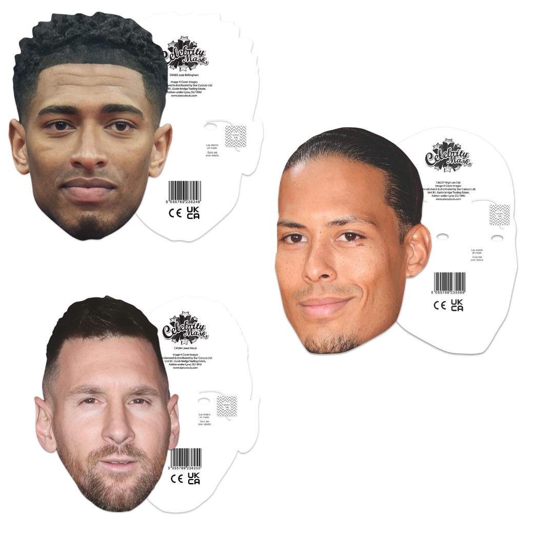 SMPWC1 World Champion Footballers Six Pack of Masks - Bellingham, Ronaldo,  Messi, Mbappe,  Kroos & Van Dijk