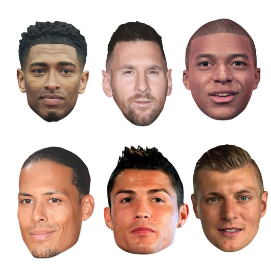 SMPWC1 World Champion Footballers Six Pack of Masks - Bellingham, Ronaldo,  Messi, Mbappe,  Kroos & Van Dijk