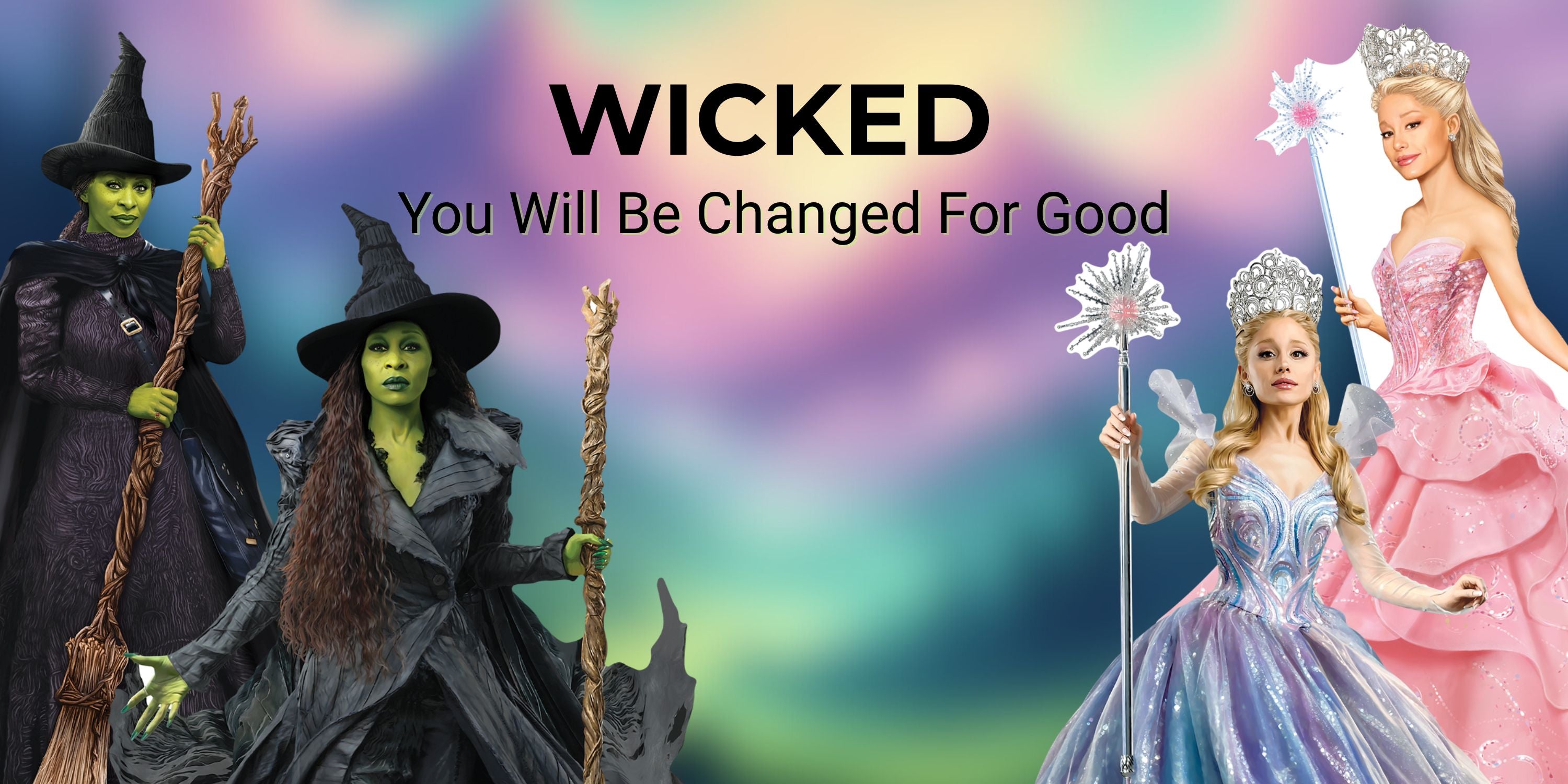 Promotional image for 'Wicked' with characters in costumes against a colorful background.