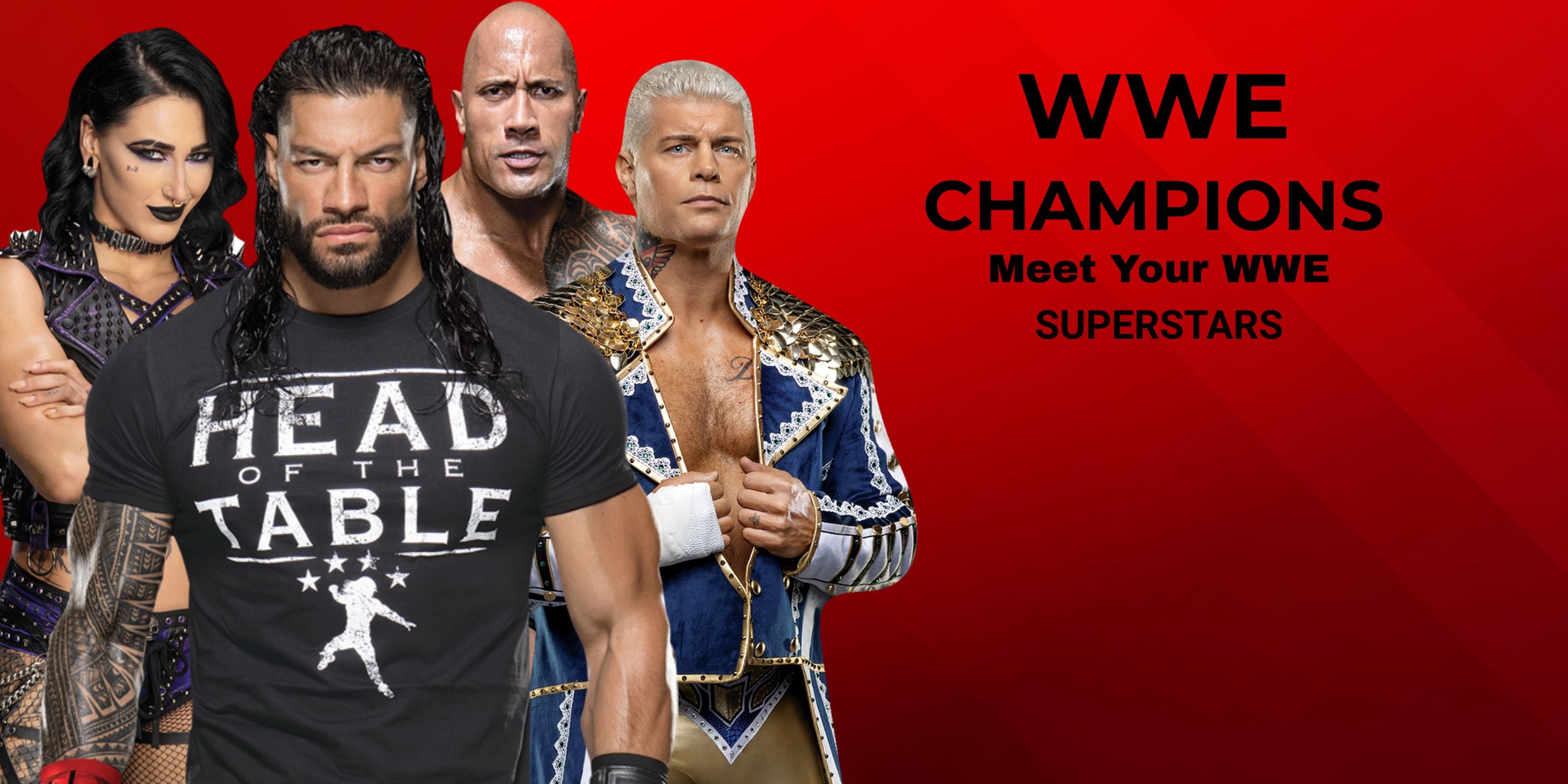 Promotional image of WWE champions with a red background
