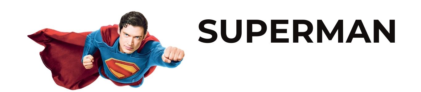 Superman character in red cape and blue suit with 'Superman' text above