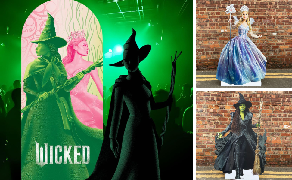 Collage of 'Wicked' themed characters and costumes with 'Wicked' text.
