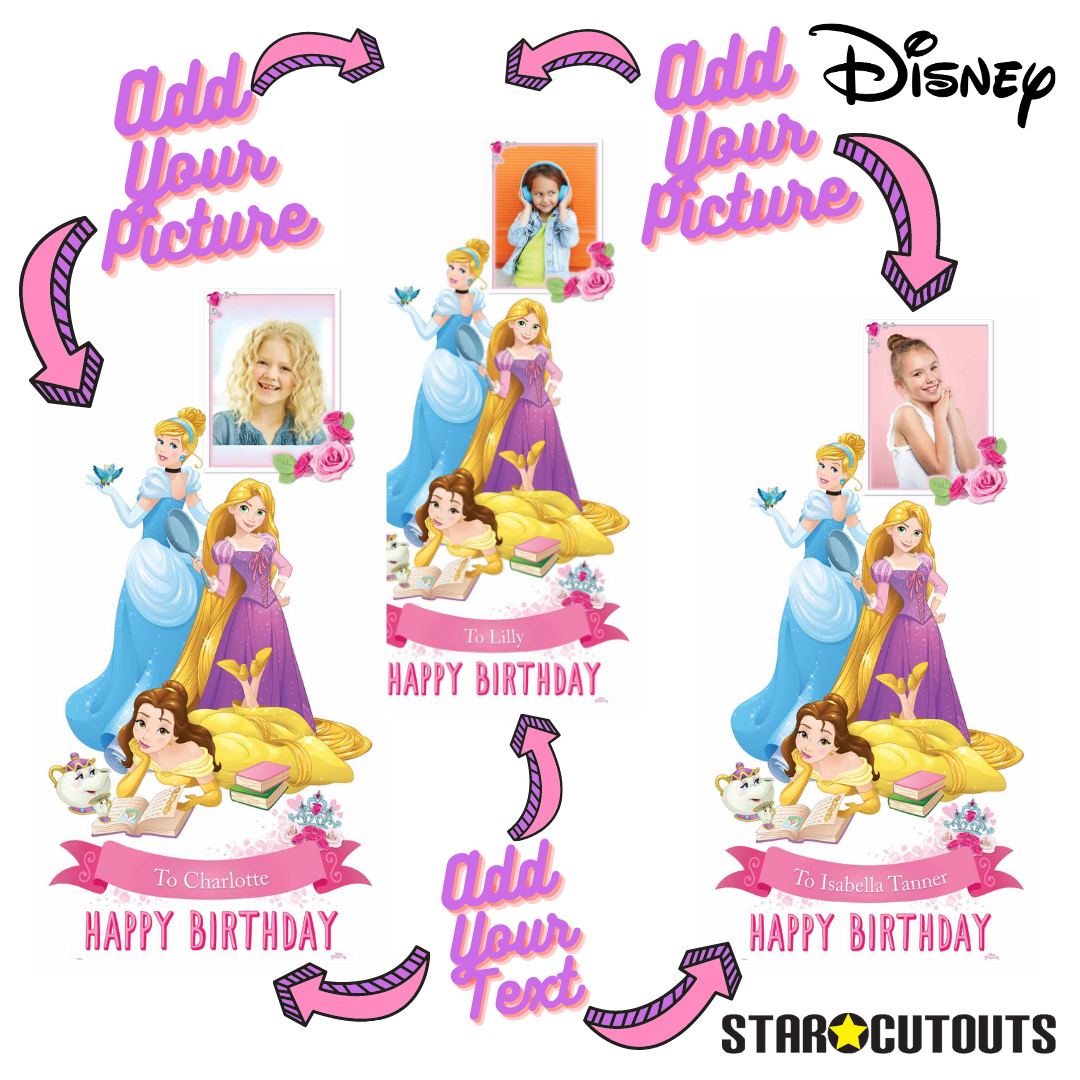 Disney Personalised Princess Belle, Cinderella and Rapunzel - Happy Birthday - Photo - Name - Please Personalise BEFORE Checkout