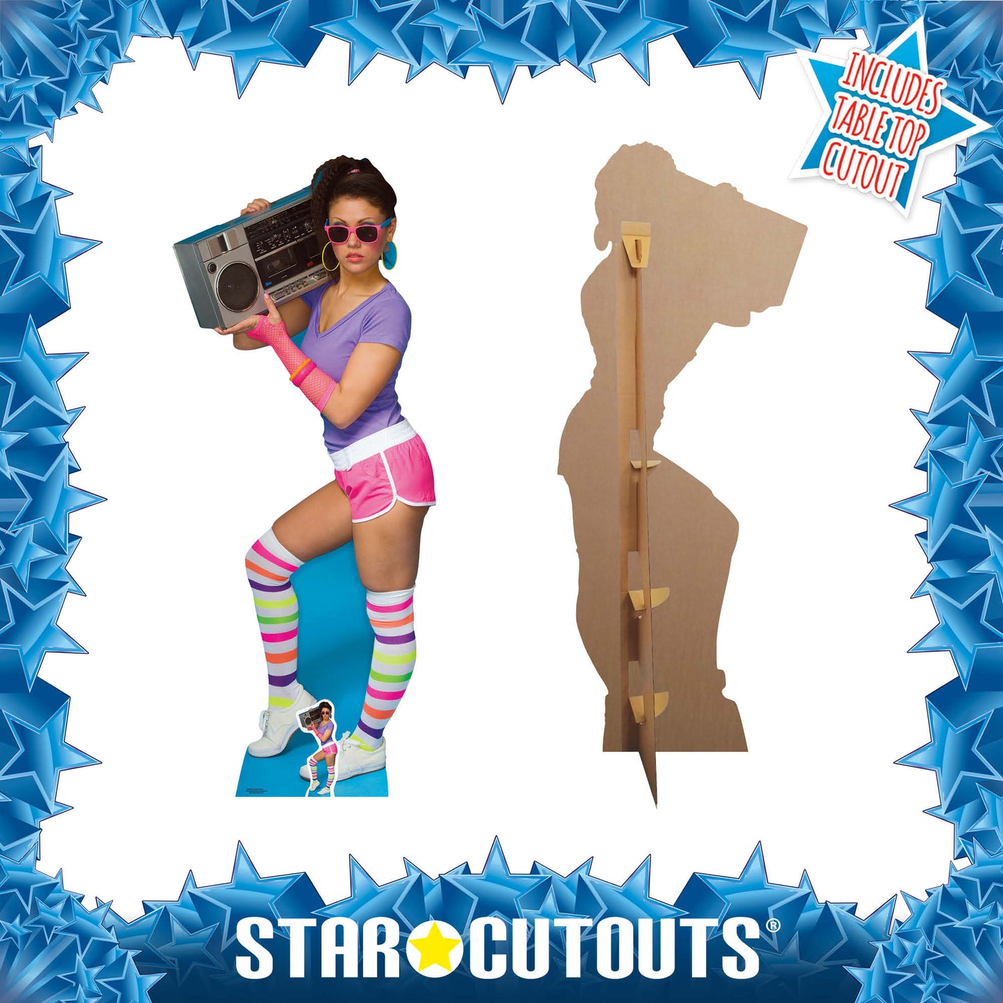 Neon Boombox Girl Cardboard Cutout 1980s Theme