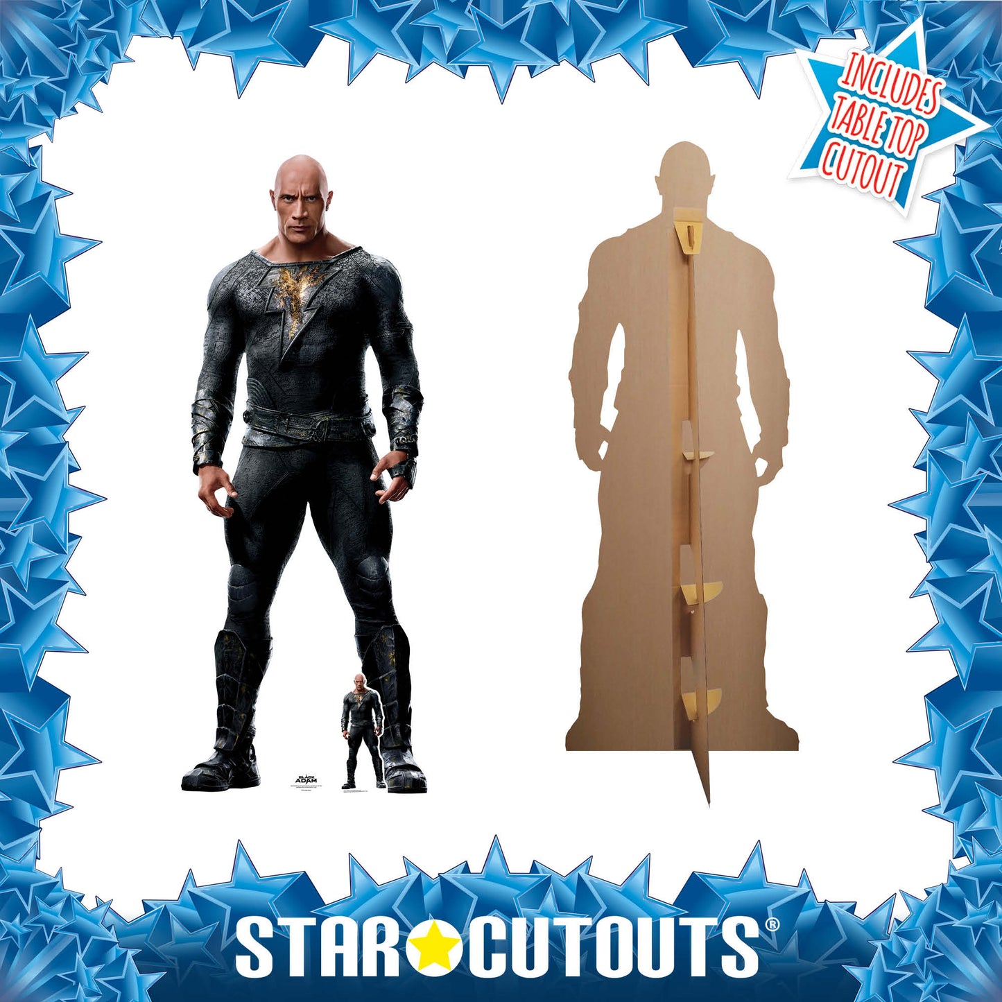 front and back of black adam cardboard cutout